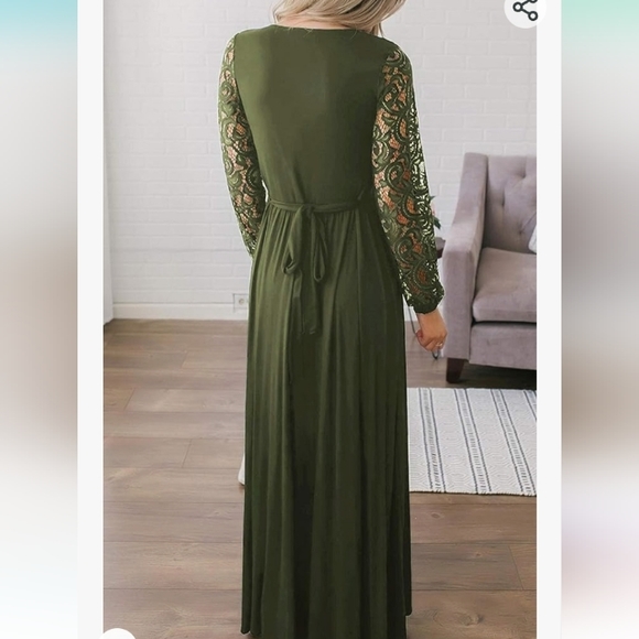 Women's Fall Floral Lace Long Sleeve Faux Wrap V Neck Maxi Dress-Navy Green - Picture 3 of 8